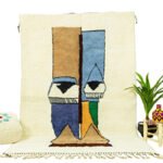 Handwoven Abstract Face Berber Wool Rug – Artisan Crafted in Cream with Blue ...
